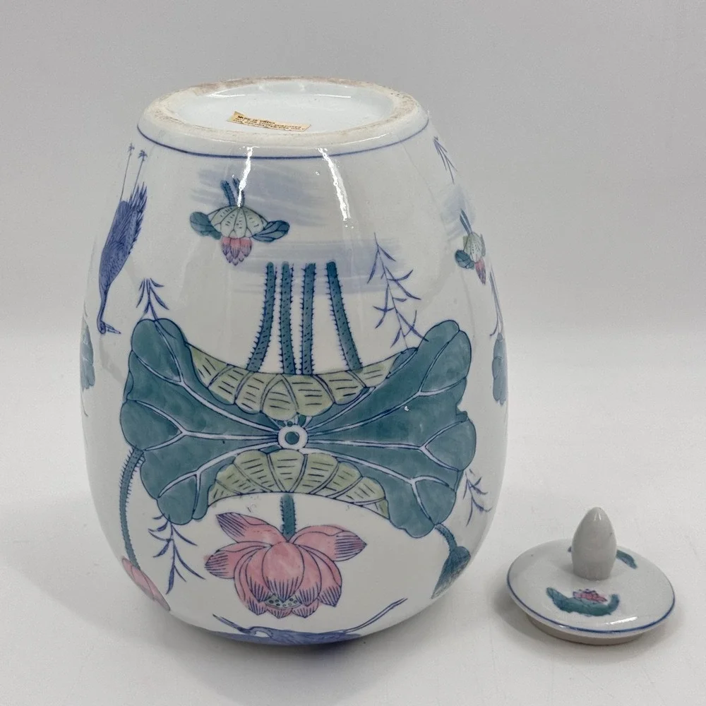 Vintage Chinese Lotus & Crane Ginger Jar Lidded Porcelain Famille Verte Style